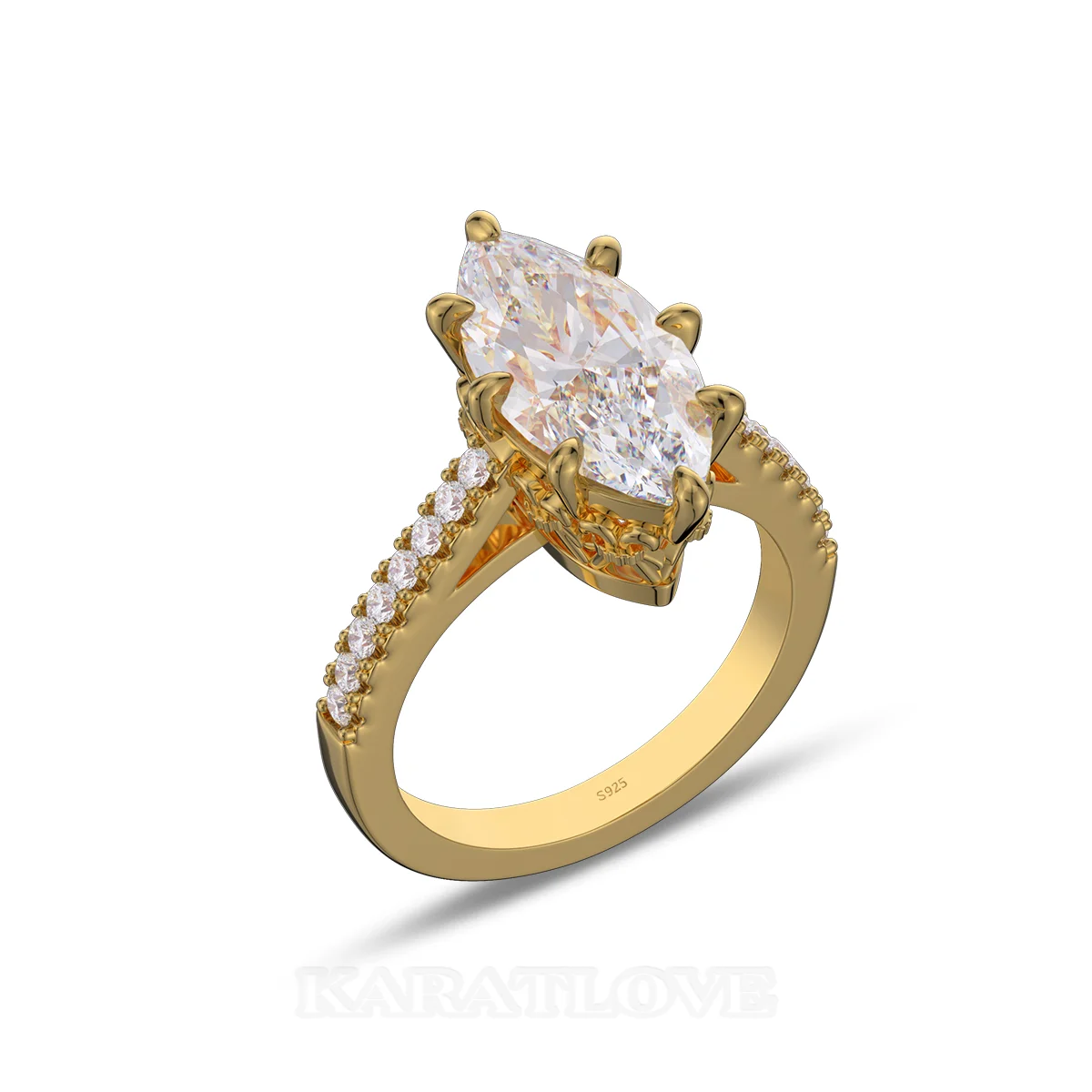 Marquise Cut Diamond White Sterling Silver Yellow Gold Engagement Ring