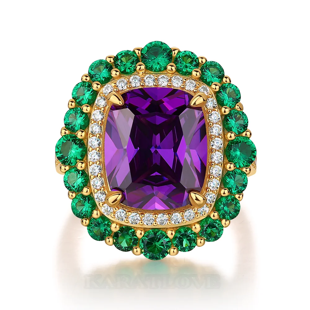 Cushion Cut Amethyst Sterling Silver Yellow Gold Double Halo Engagement Ring