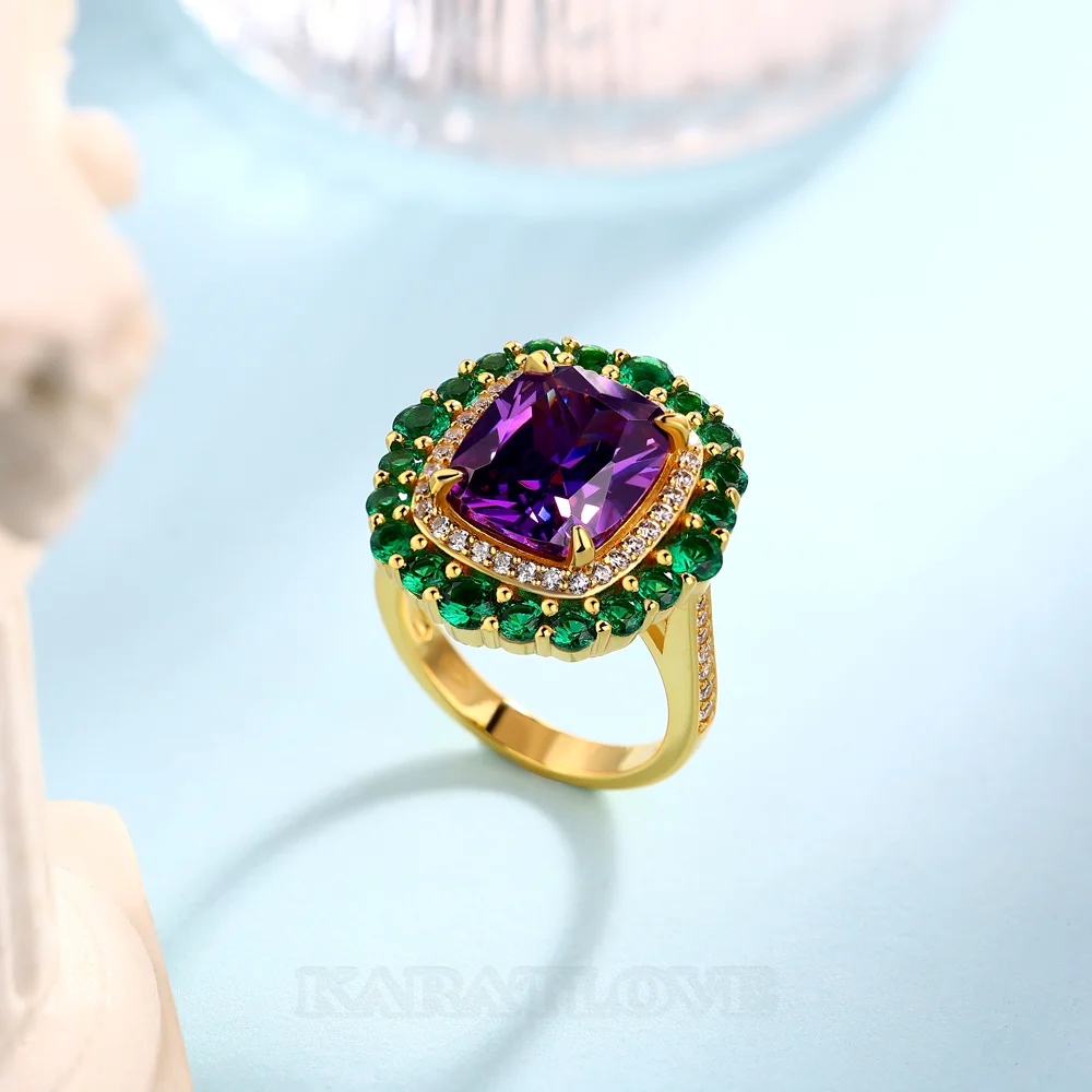 Cushion Cut Amethyst Sterling Silver Yellow Gold Double Halo Engagement Ring