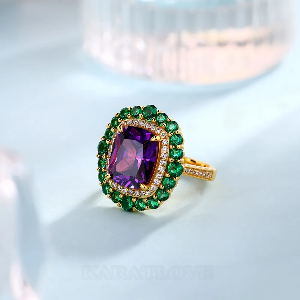 Cushion Cut Amethyst Sterling Silver Yellow Gold Double Halo Engagement Ring