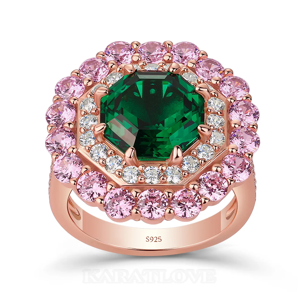 Octagon Cut Emerald Green Sterling Silver Rose Gold Double Halo Engagement Ring