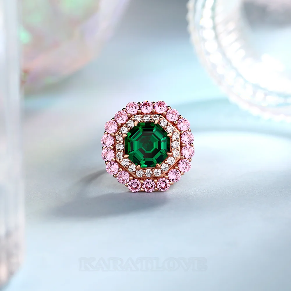 Octagon Cut Emerald Green Sterling Silver Rose Gold Double Halo Engagement Ring