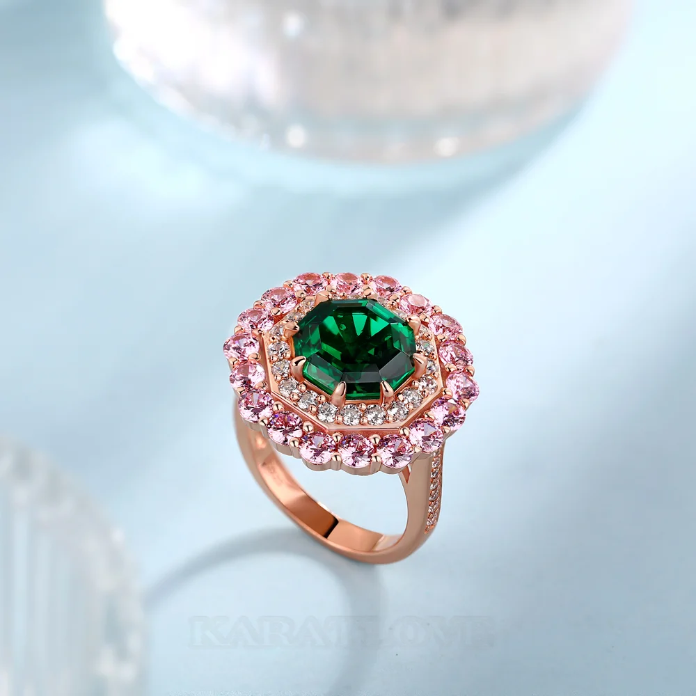 Octagon Cut Emerald Green Sterling Silver Rose Gold Double Halo Engagement Ring