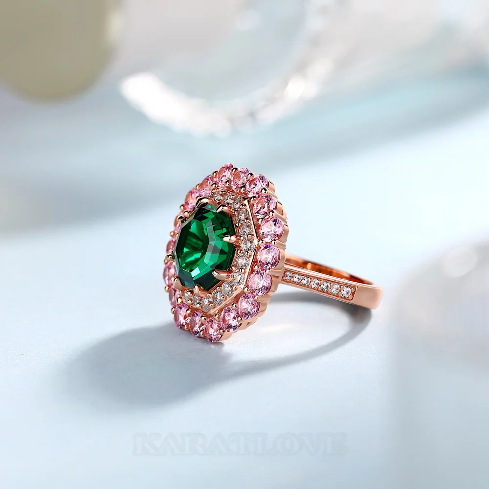Octagon Cut Emerald Green Sterling Silver Rose Gold Double Halo Engagement Ring