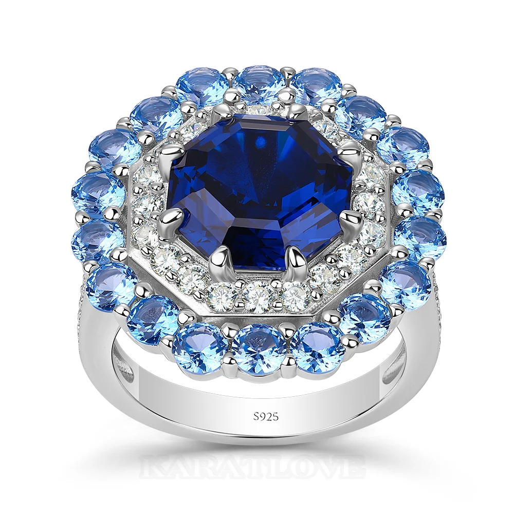 Octagon Cut Sapphire Blue Sterling Silver Double Halo Engagement Ring