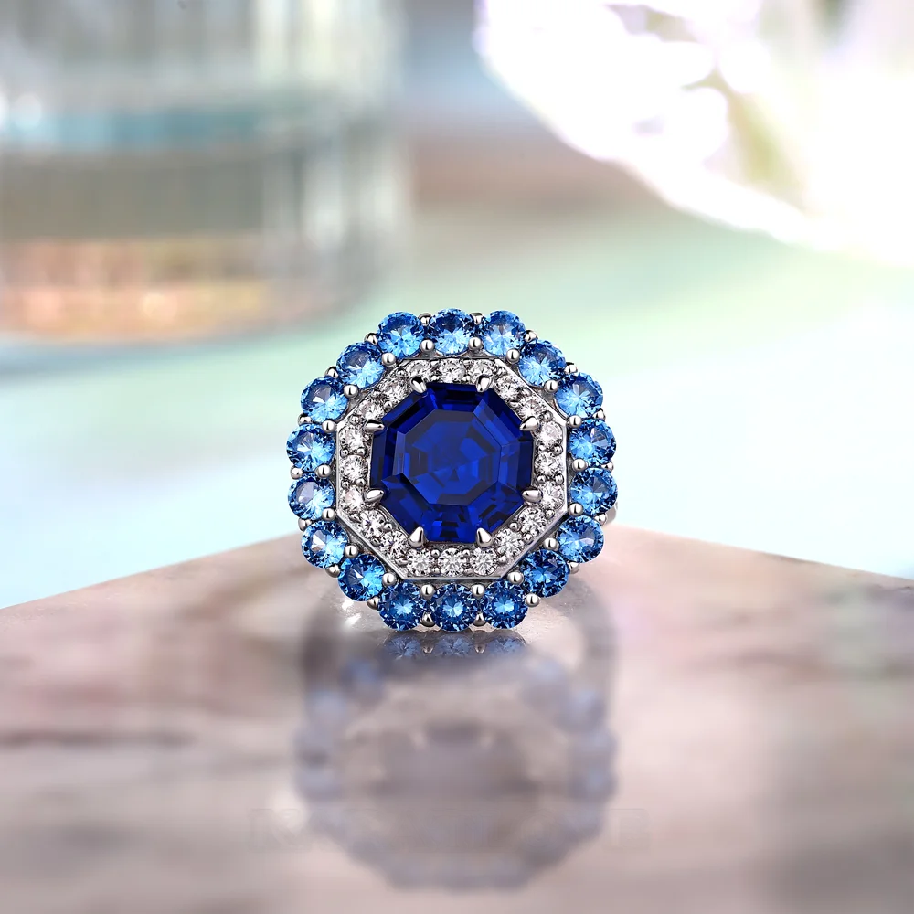 Octagon Cut Sapphire Blue Sterling Silver Double Halo Engagement Ring