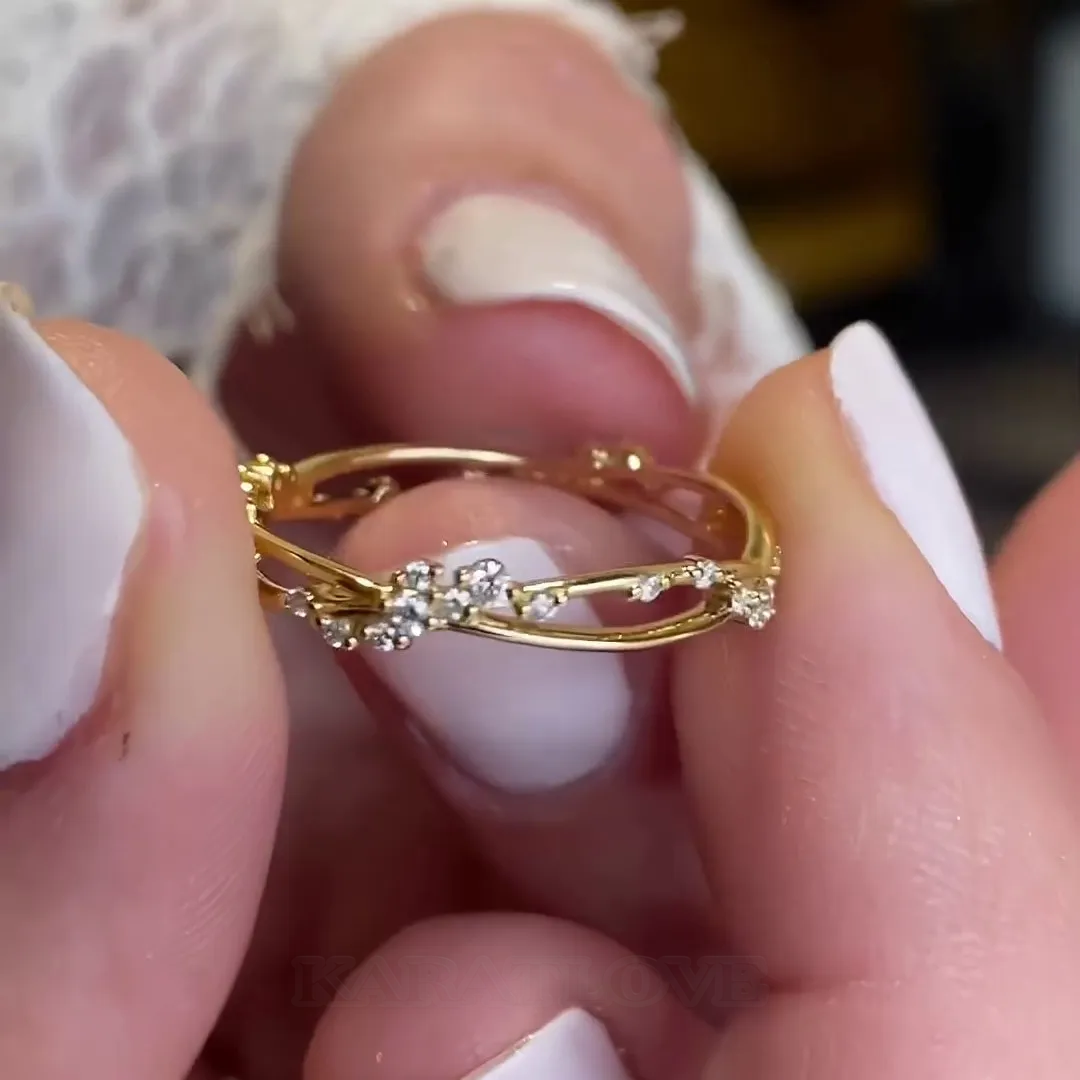 Round Cut Diamond White 925 Sterling Silver Yellow Gold Minimalist Stackable Band