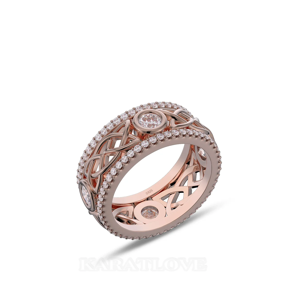 Round Cut Diamond White Sterling Silver Rose Gold Celtic Knot Wedding Ring
