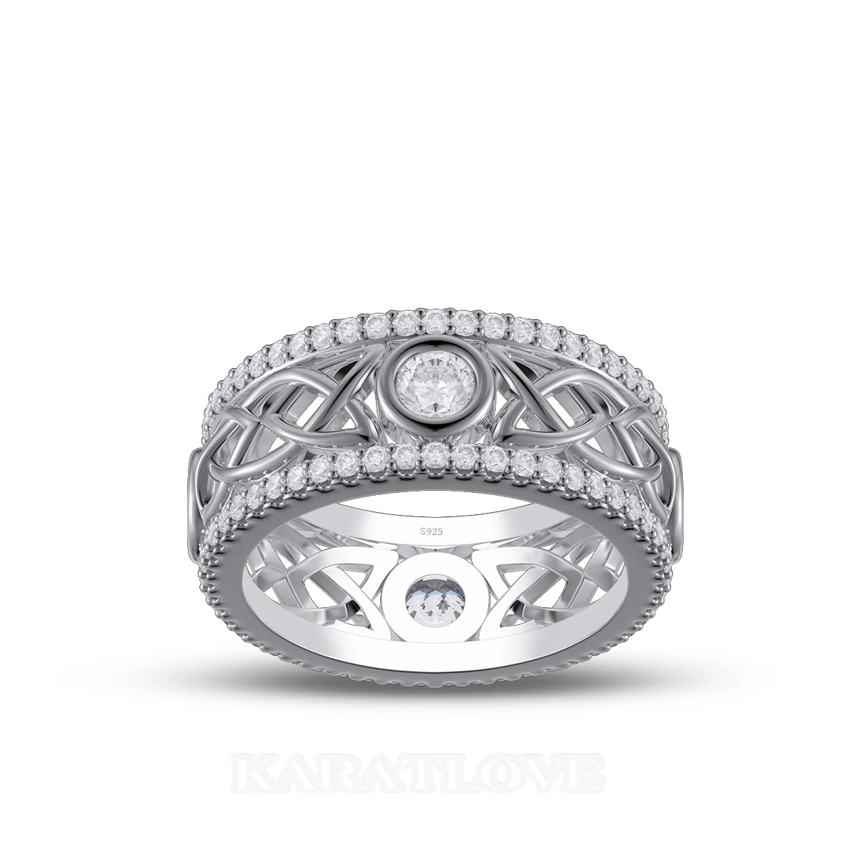 Round Cut Diamond White Sterling Silver Celtic Knot Wedding Ring