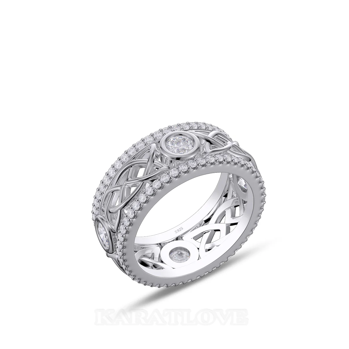 Round Cut Diamond White Sterling Silver Celtic Knot Wedding Ring