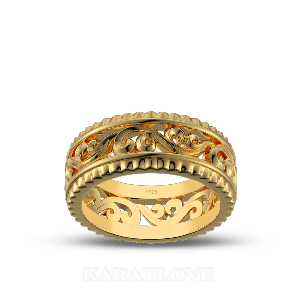 Sterling Silver Yellow Gold Wedding Ring with Hollowed-out Patterns