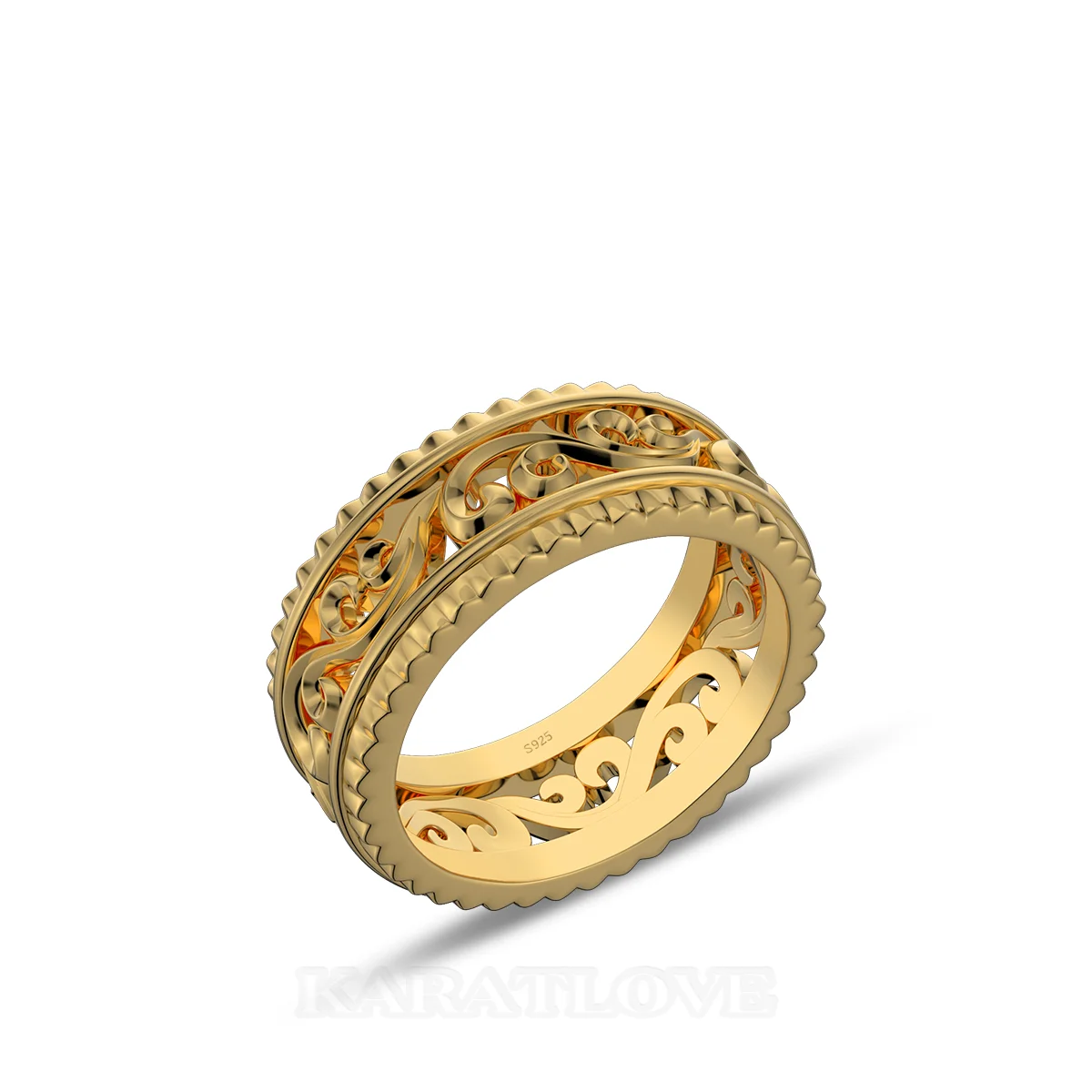 Sterling Silver Yellow Gold Wedding Ring with Hollowed-out Patterns