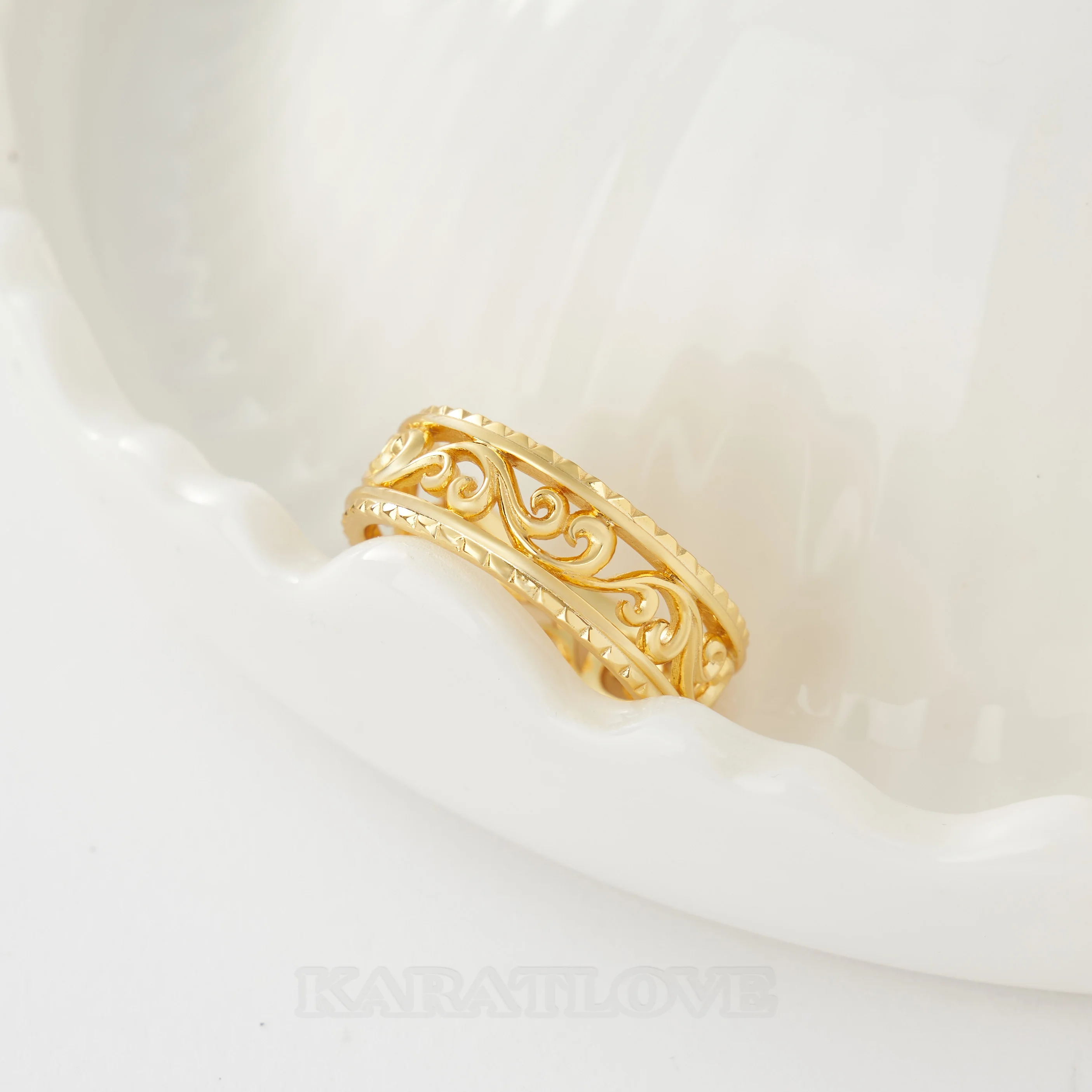 Sterling Silver Yellow Gold Wedding Ring with Hollowed-out Patterns