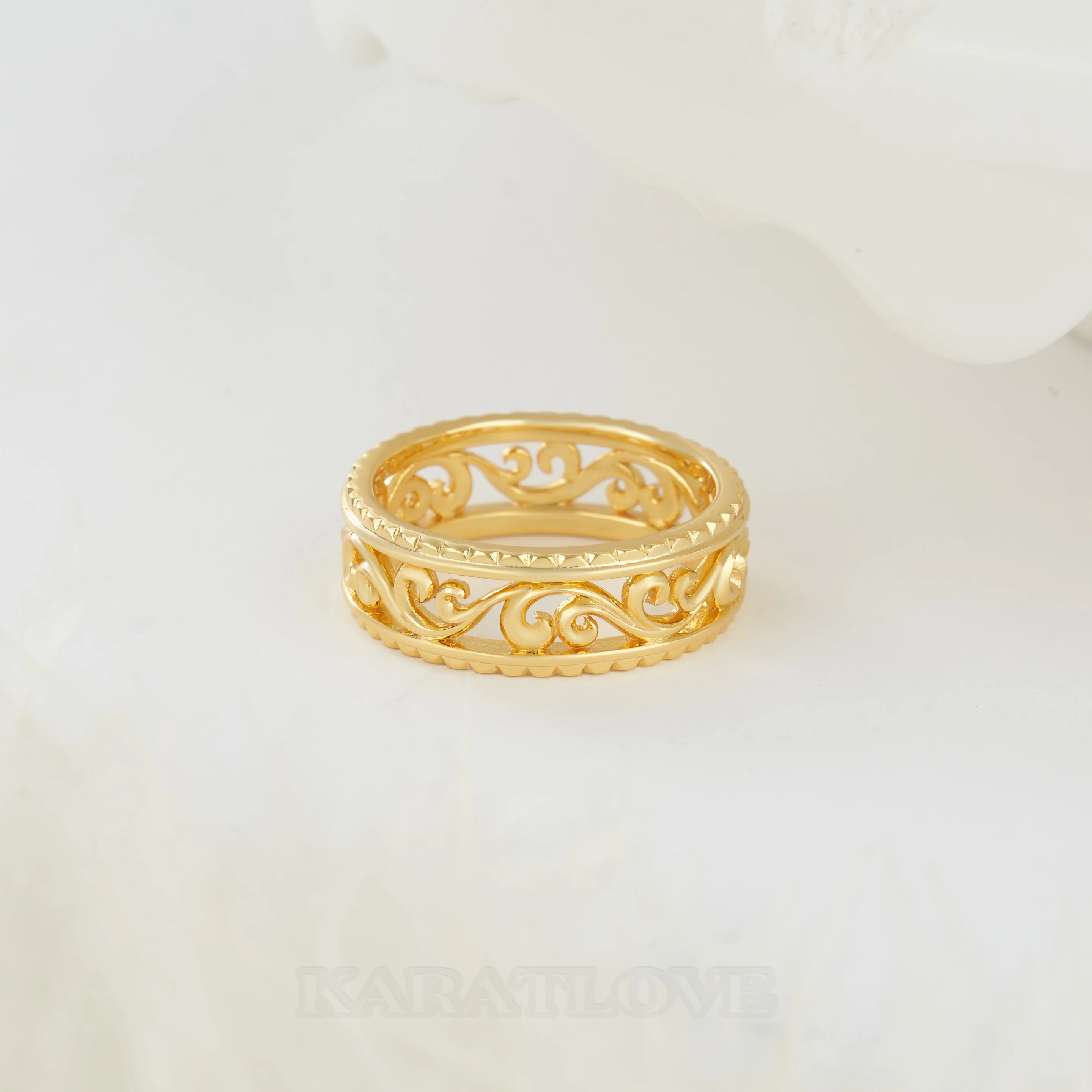 Sterling Silver Yellow Gold Wedding Ring with Hollowed-out Patterns