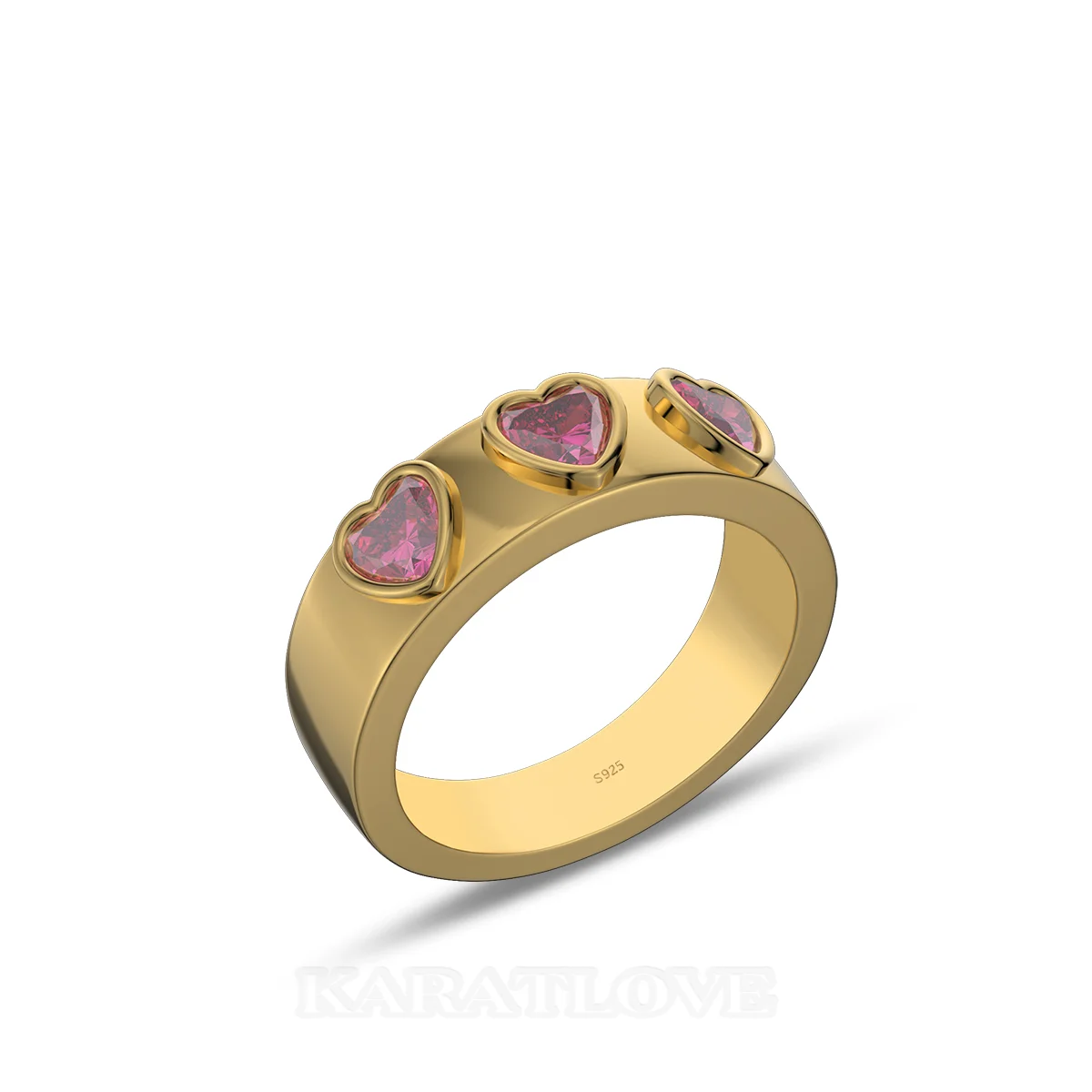 Three Heart Cut Ruby Red Sterling Silver Yellow Gold Bezel Promise Ring