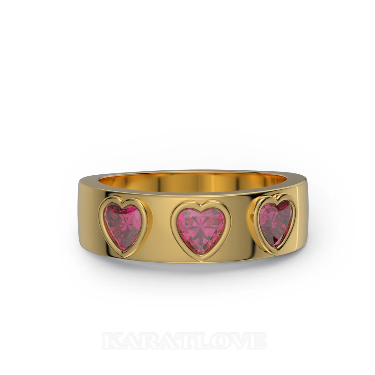 Three Heart Cut Ruby Red Sterling Silver Yellow Gold Bezel Promise Ring