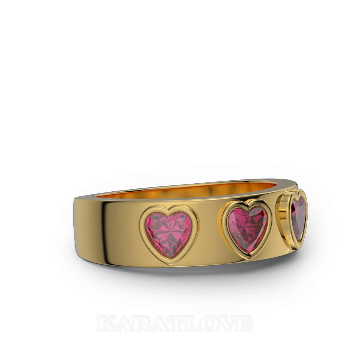 Three Heart Cut Ruby Red Sterling Silver Yellow Gold Bezel Promise Ring