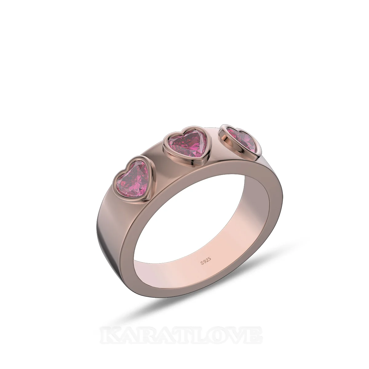 Three Heart Cut Ruby Red Sterling Silver Rose Gold Bezel Promise Ring