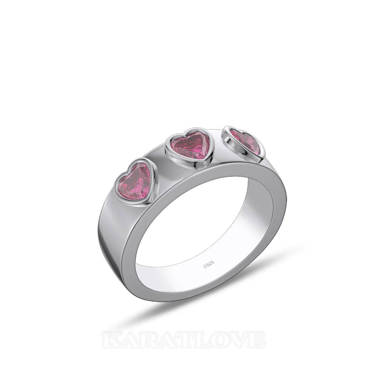 Three Heart Cut Ruby Red Sterling Silver Bezel Promise Ring