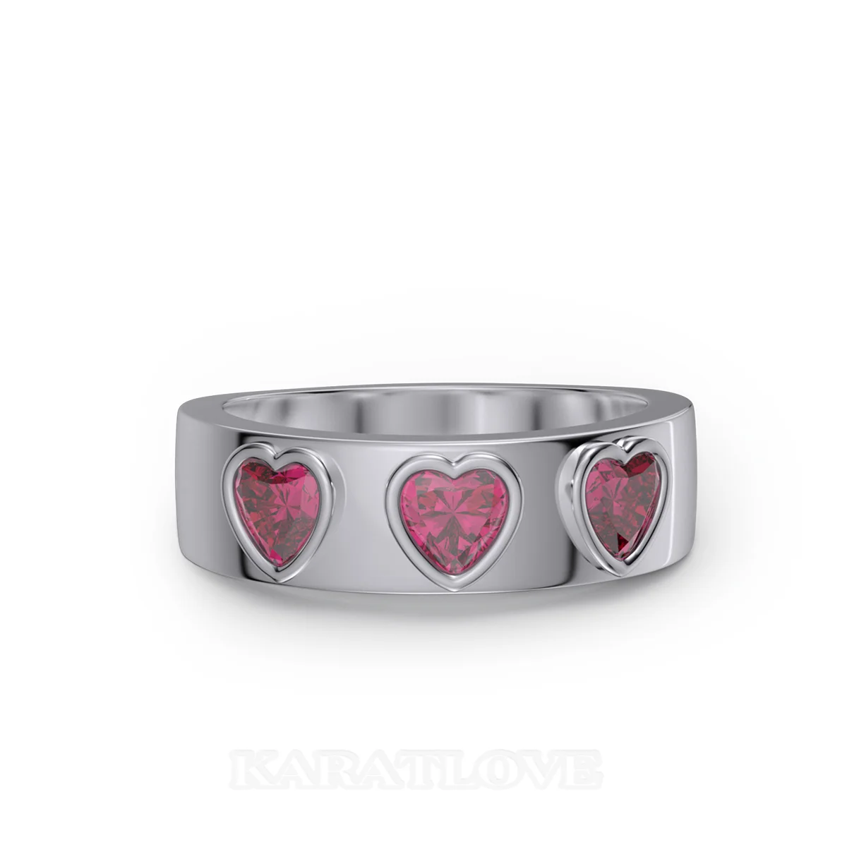 Three Heart Cut Ruby Red Sterling Silver Bezel Promise Ring