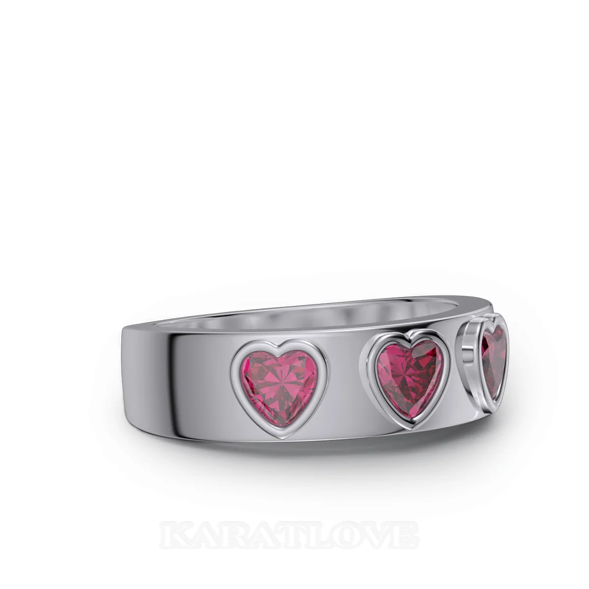 Three Heart Cut Ruby Red Sterling Silver Bezel Promise Ring