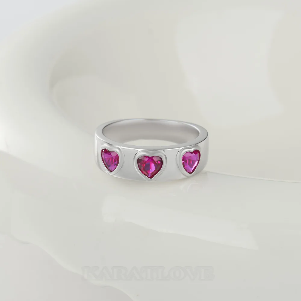 Three Heart Cut Ruby Red Sterling Silver Bezel Promise Ring