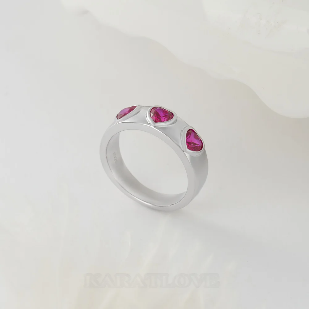 Three Heart Cut Ruby Red Sterling Silver Bezel Promise Ring