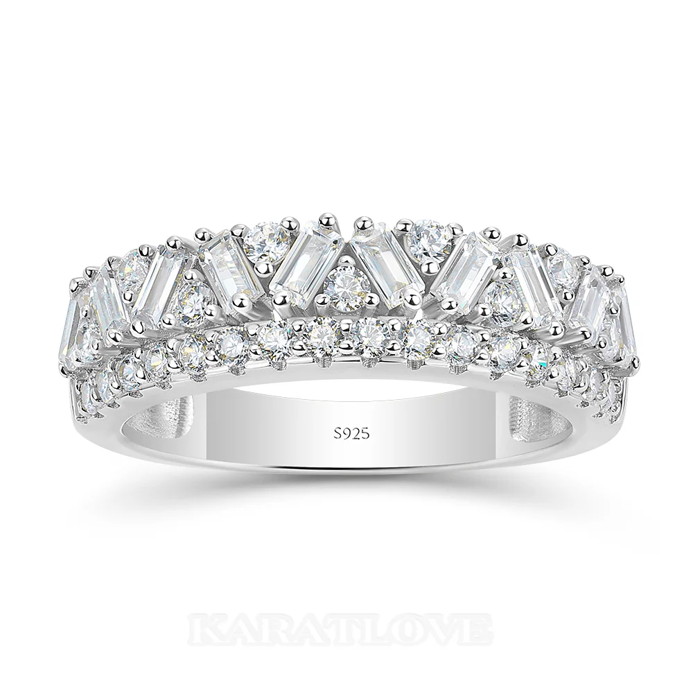 Baguette and Round Cut Two-Row Diamond White Sterling Silver Ring
