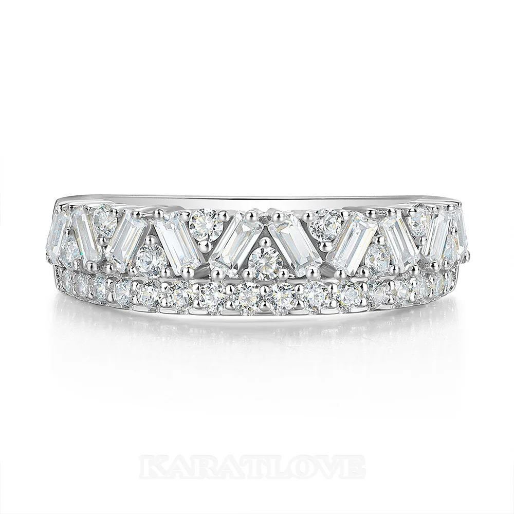 Baguette and Round Cut Two-Row Diamond White Sterling Silver Ring