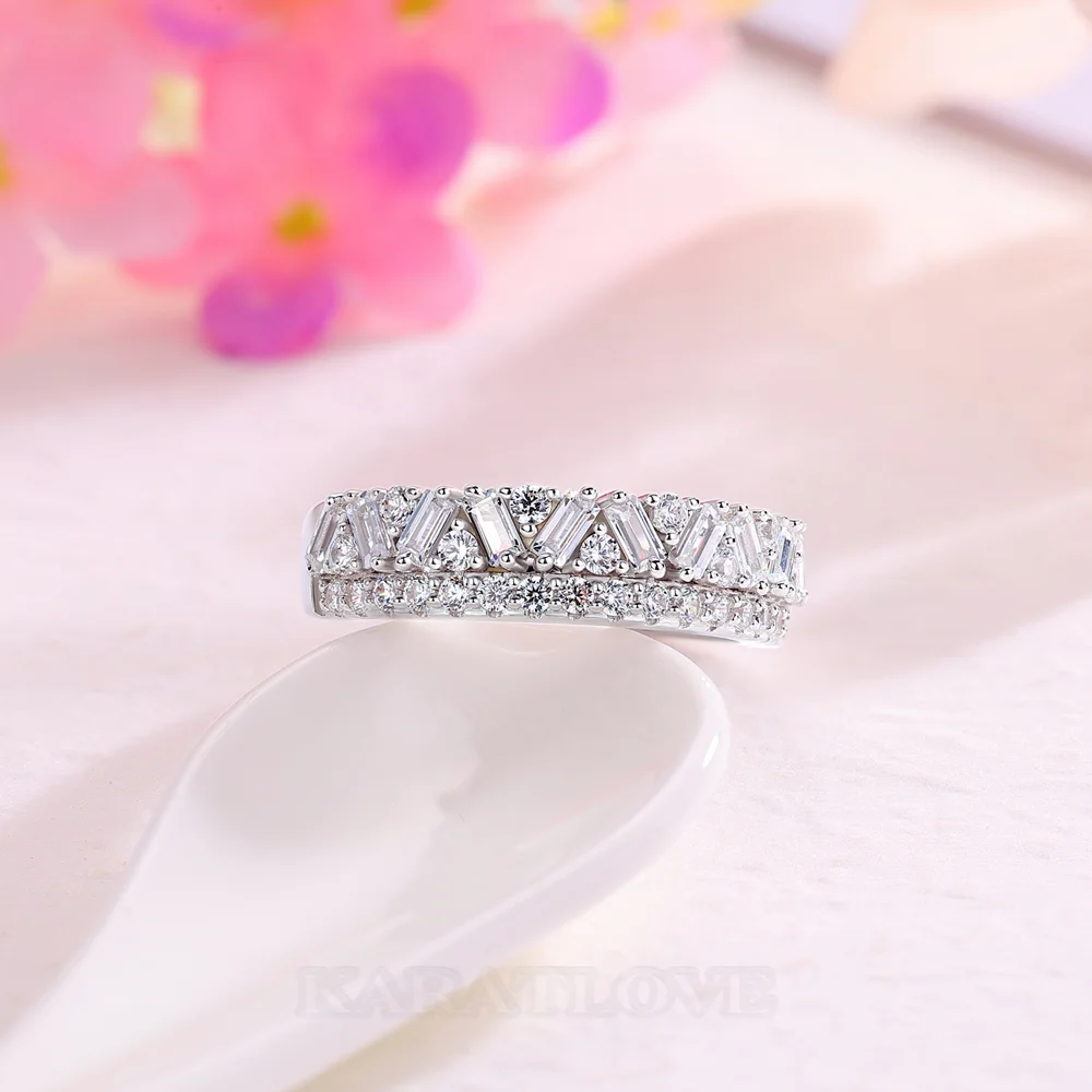 Baguette and Round Cut Two-Row Diamond White Sterling Silver Ring
