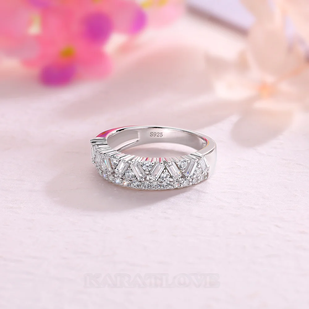 Baguette and Round Cut Two-Row Diamond White Sterling Silver Ring