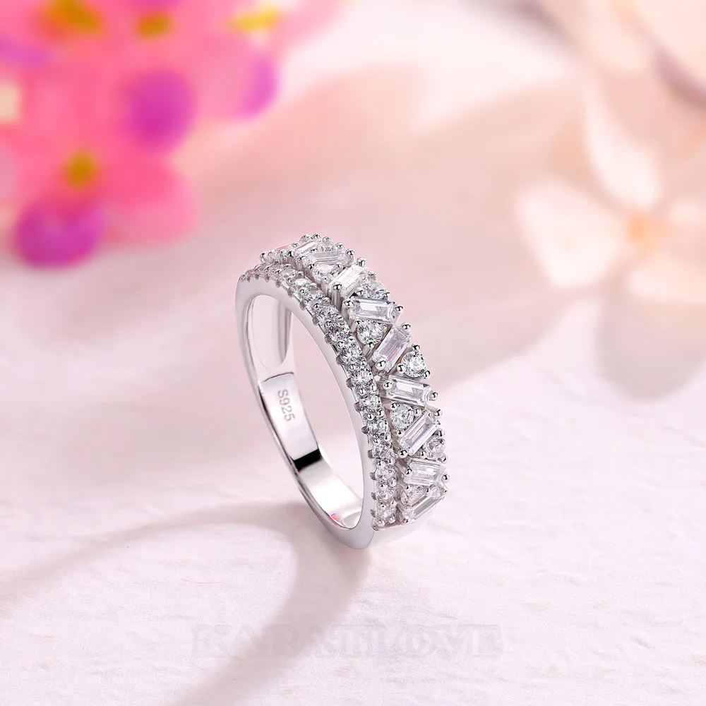 Baguette and Round Cut Two-Row Diamond White Sterling Silver Ring