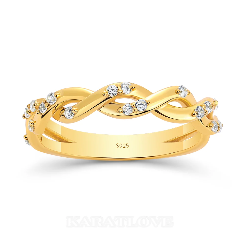 Round Cut Diamond White Sterling Silver Twisted Yellow Gold Wedding Ring