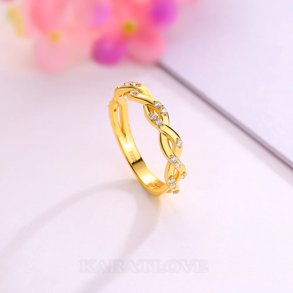 Round Cut Diamond White Sterling Silver Twisted Yellow Gold Wedding Ring