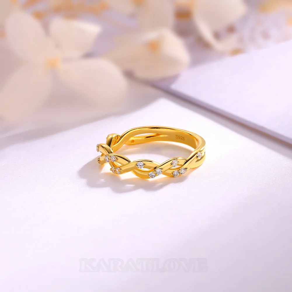 Round Cut Diamond White Sterling Silver Twisted Yellow Gold Wedding Ring