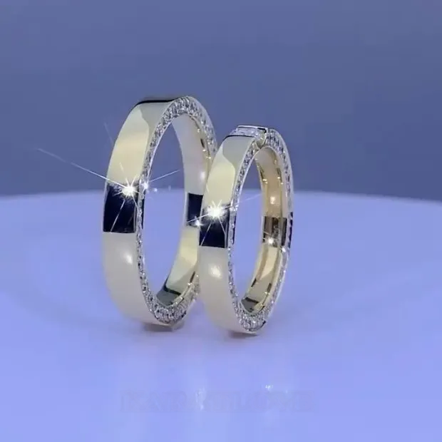 Round Cut Diamond White Yellow Gold Couple Rings in 925 Sterling Silver