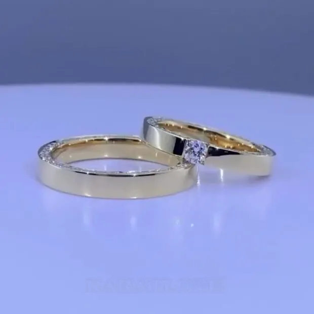 Round Cut Diamond White Yellow Gold Couple Rings in 925 Sterling Silver