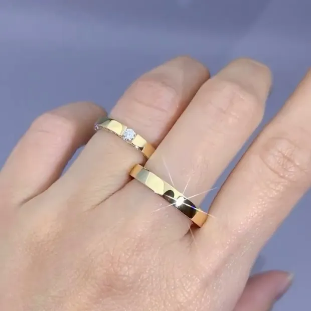 Round Cut Diamond White Yellow Gold Couple Rings in 925 Sterling Silver