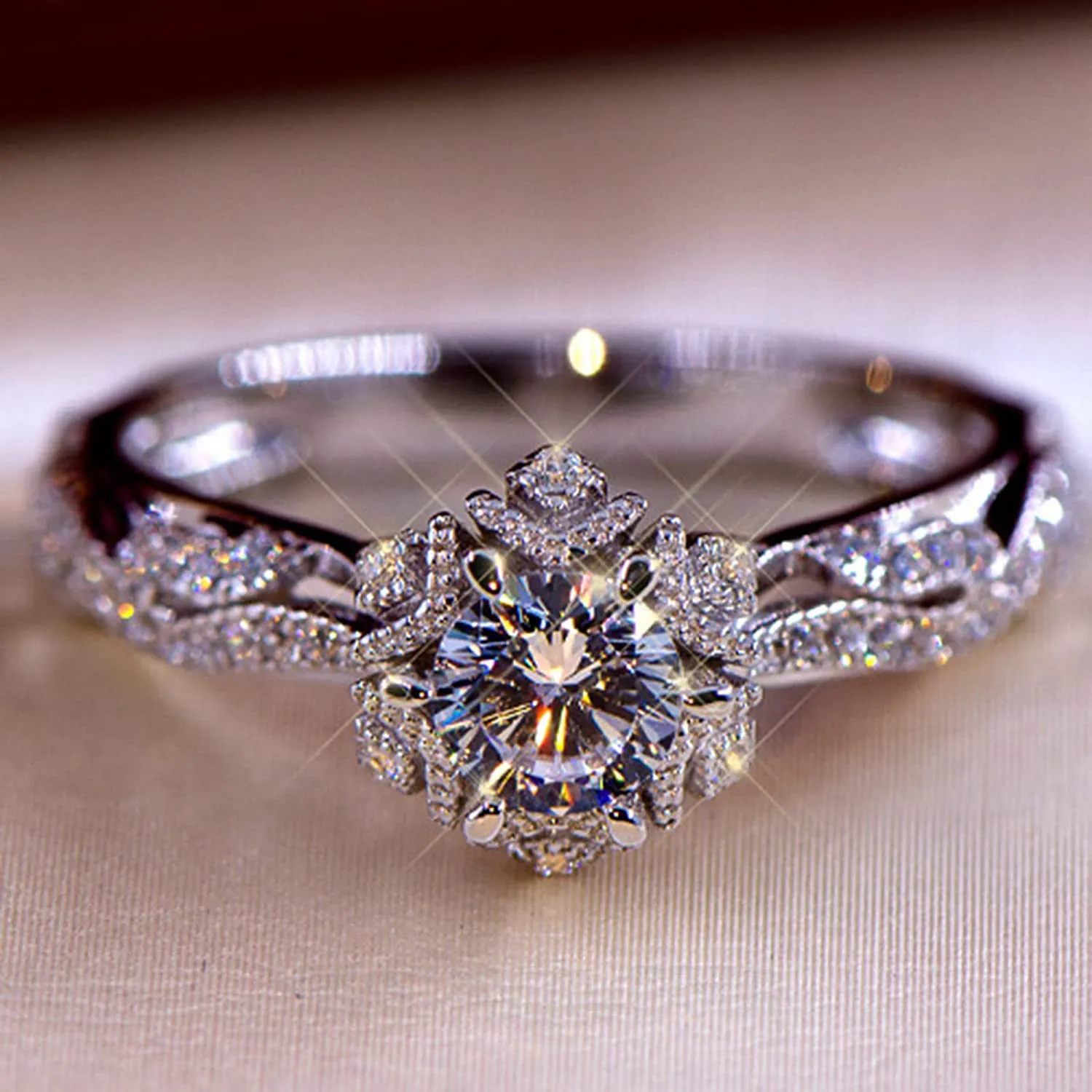 Round Cut Diamond White Art Deco Halo Engagement Ring in 925 Sterling Silver Round Cut Diamond White Art Deco Halo Engagement Ring in 925 Sterling Silver