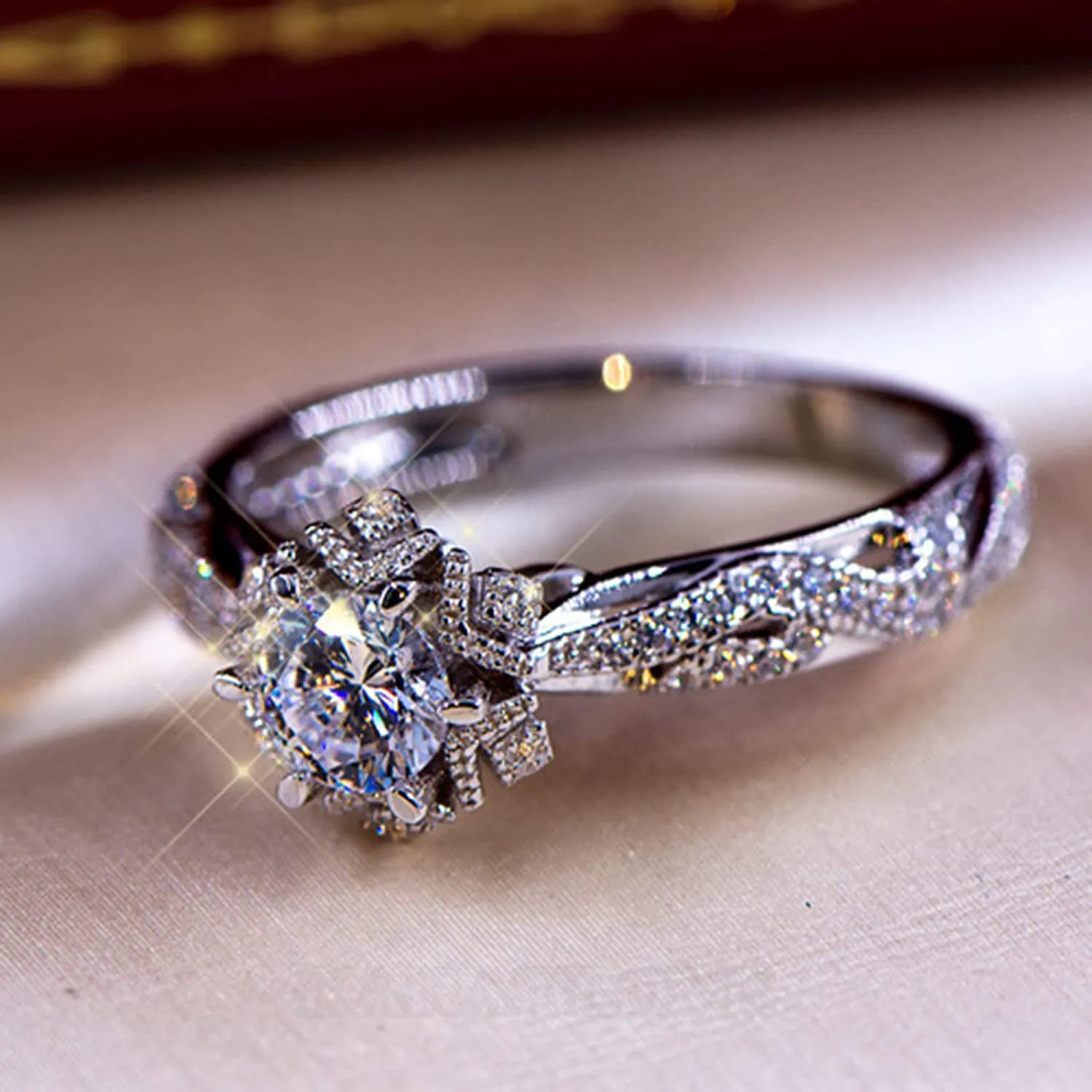 Round Cut Diamond White Art Deco Halo Engagement Ring in 925 Sterling Silver