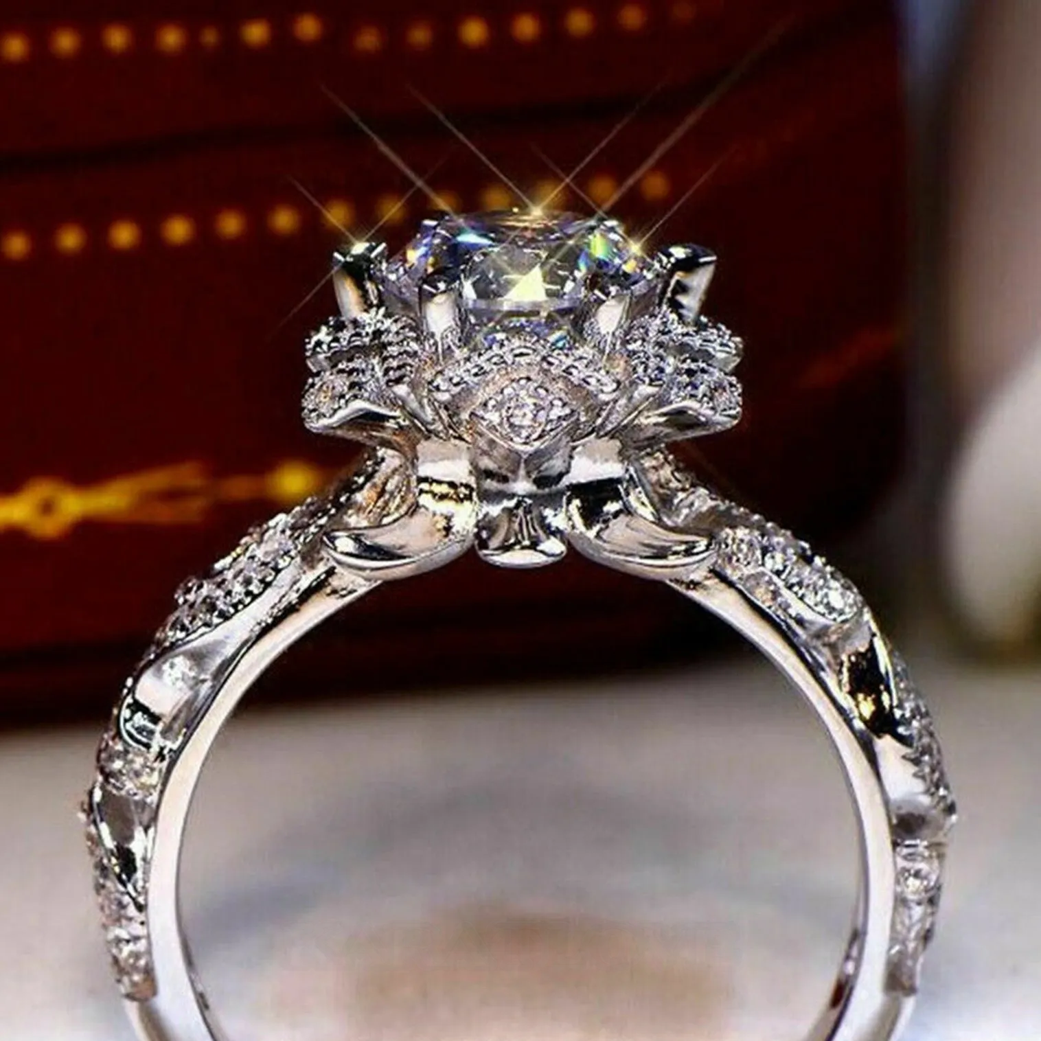 Round Cut Diamond White Art Deco Halo Engagement Ring in 925 Sterling Silver