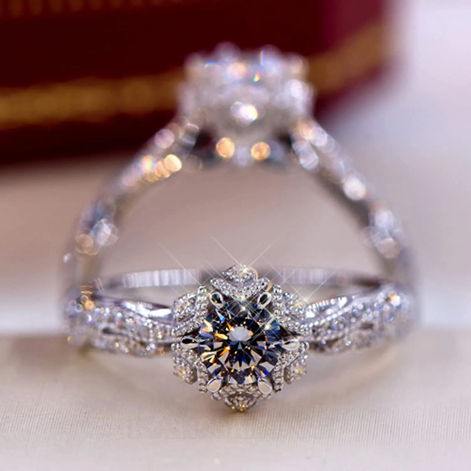 Round Cut Diamond White Art Deco Halo Engagement Ring in 925 Sterling Silver