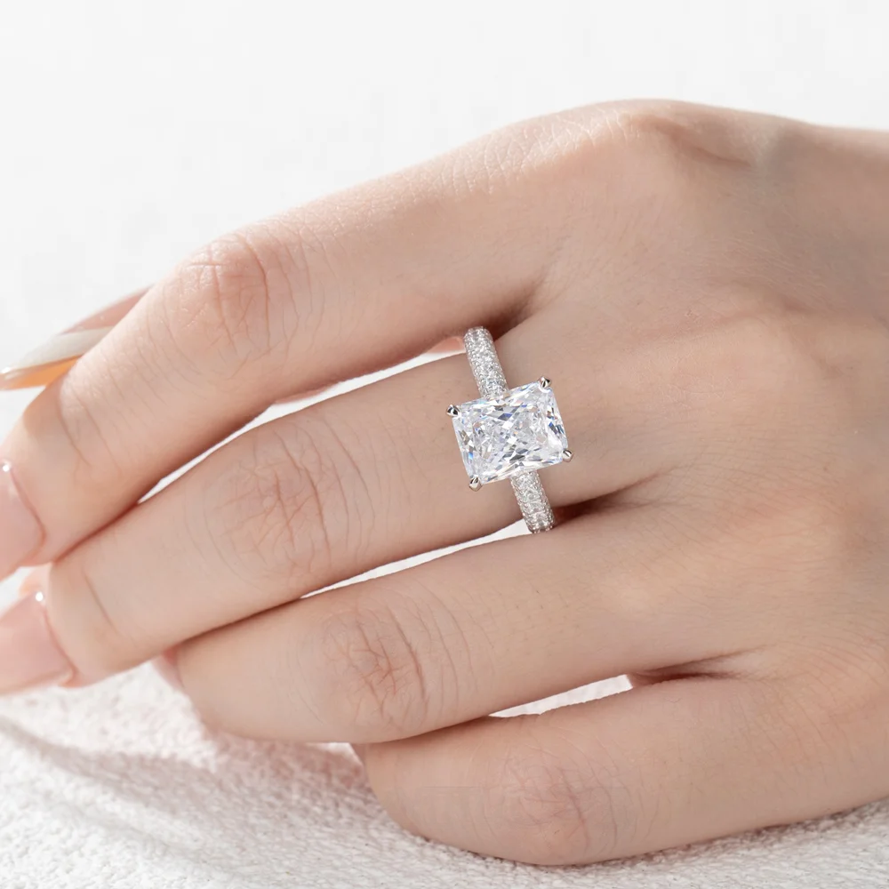 Radiant Cut Diamond White Art Deco Halo Engagement Ring in 925 Sterling Silver