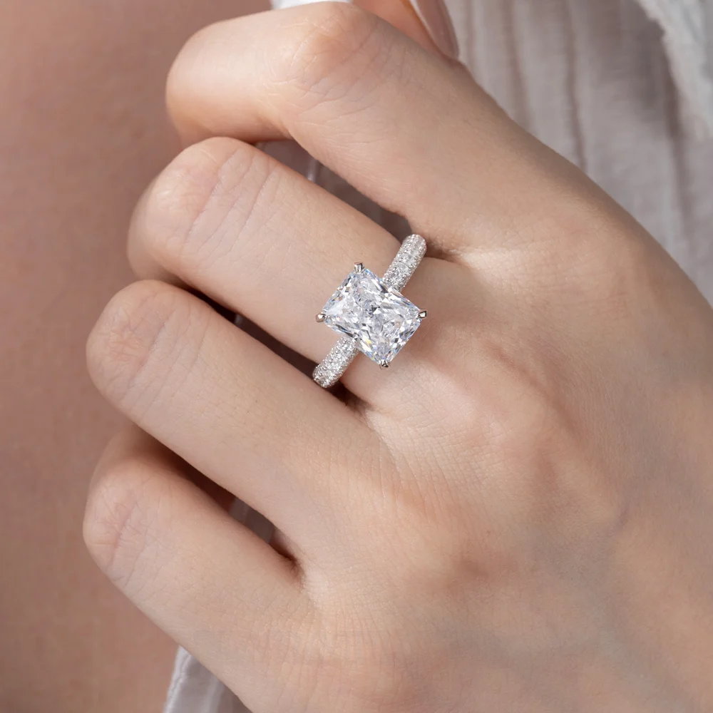 Radiant Cut Diamond White Art Deco Halo Engagement Ring in 925 Sterling Silver