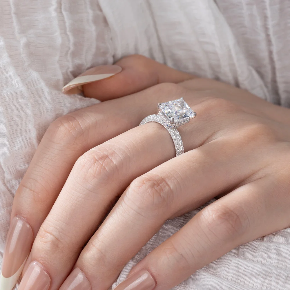 Radiant Cut Diamond White Art Deco Halo Engagement Ring in 925 Sterling Silver