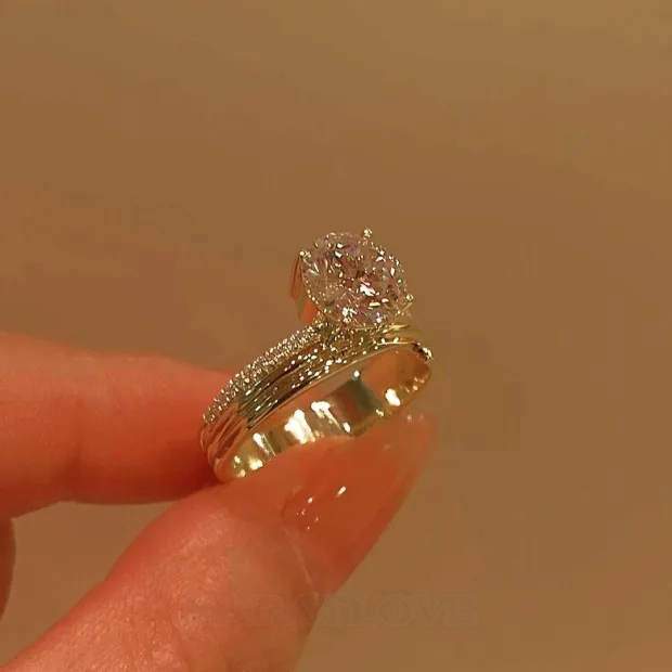 Round Cut Diamond White Yellow Gold 925 Sterling Silver Engagement Ring