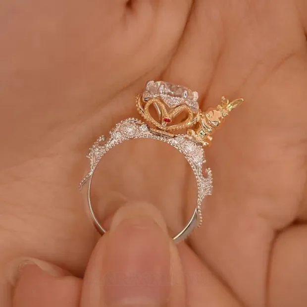 Round Cut Diamond White Bunny Rabbit Engagement Ring in 925 Sterling Silver