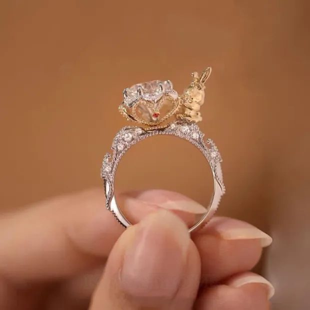 Round Cut Diamond White Bunny Rabbit Engagement Ring in 925 Sterling Silver