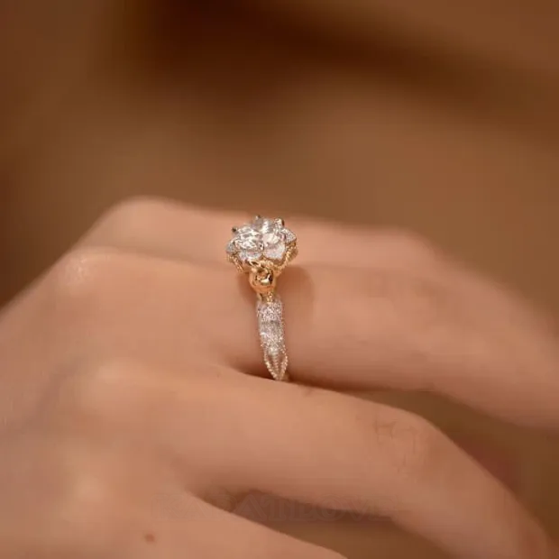 Round Cut Diamond White Bunny Rabbit Engagement Ring in 925 Sterling Silver
