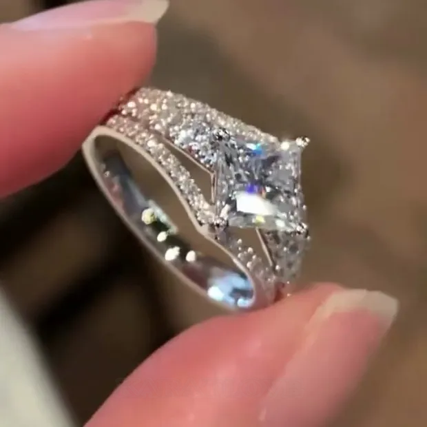 Princess Cut Diamond White 925 Sterling Silver Art Deco Engagement Ring